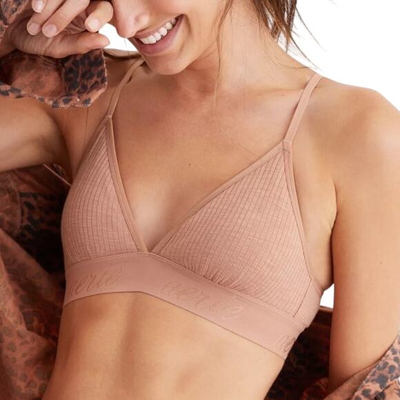 Aerie Neutral Lightweight Wireless Ribbed Logo Triangle Bralette in Raw Sienna - Picture 1 of 8